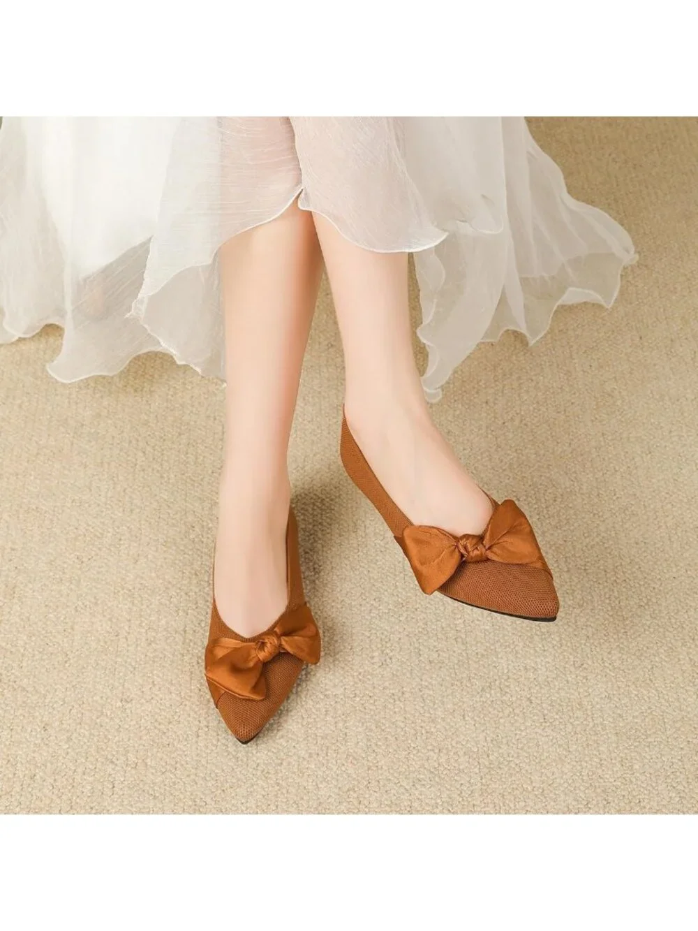 Women's Brown Mesh Pointed Toe Ballet Slip On Comfortable  Flats with Bow Shoes